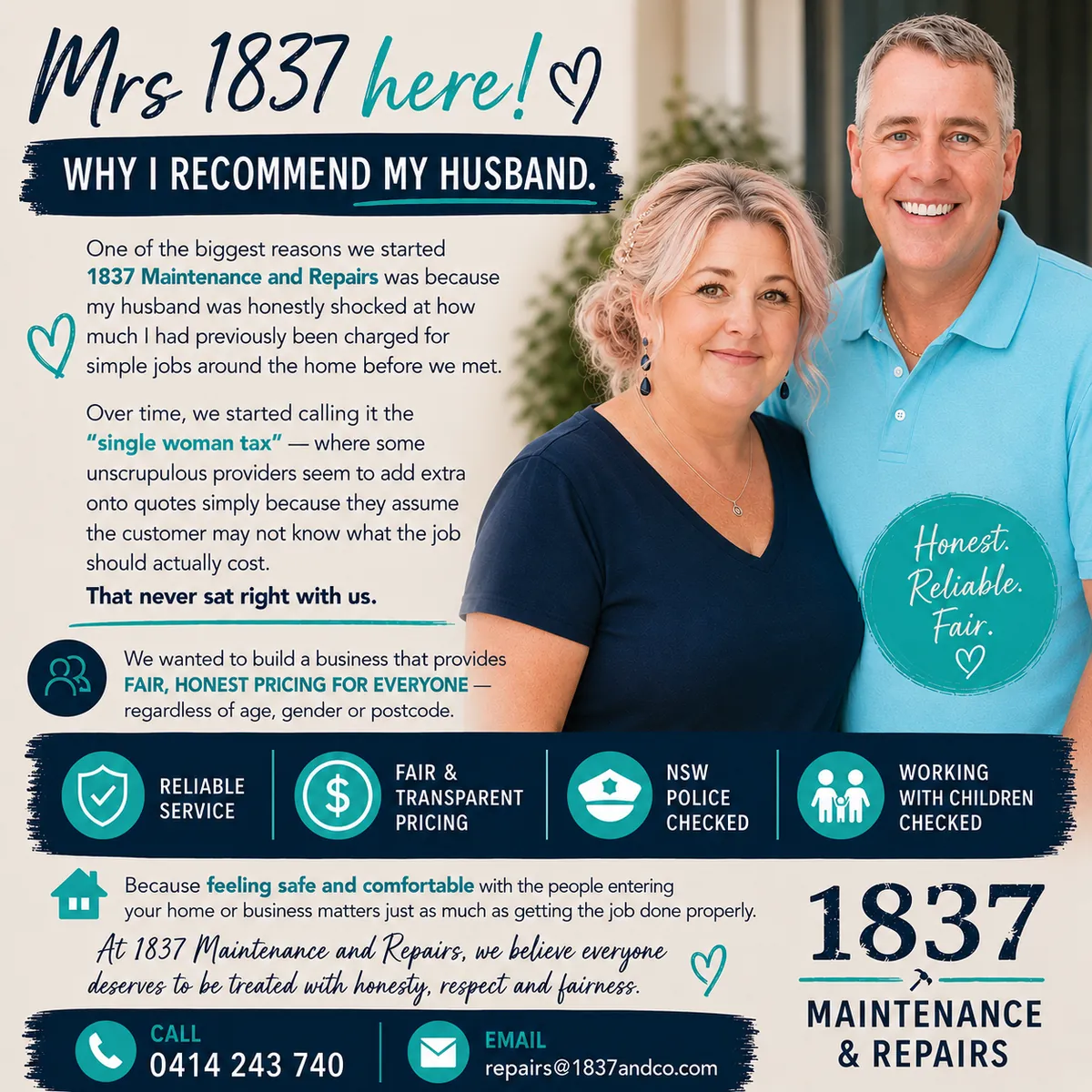 Advert: 'Mrs 1837 here! Why I recommend my husband.' A couple smiling, with a note about starting the business to give everyone fair, honest pricing.