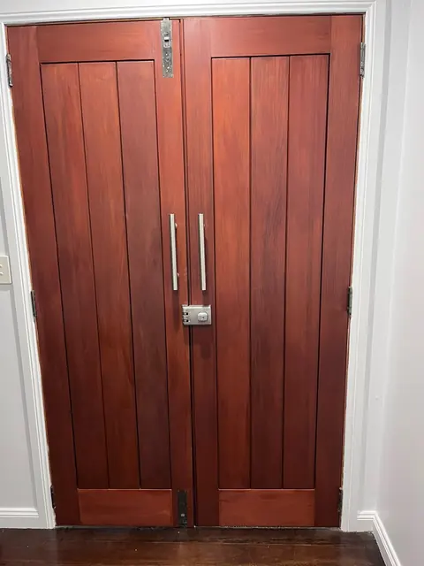 Pair of timber front doors, refurbished and rehung